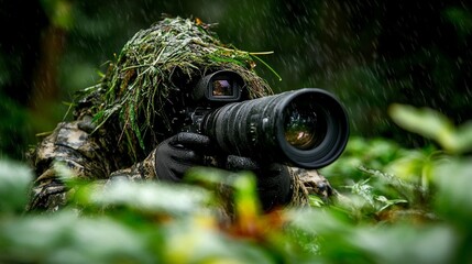Camouflaged photographer in rain forest, aiming a large lens