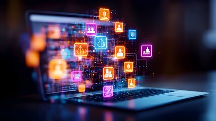 Laptop screen displaying digital social media icons, networking, dark background, website design