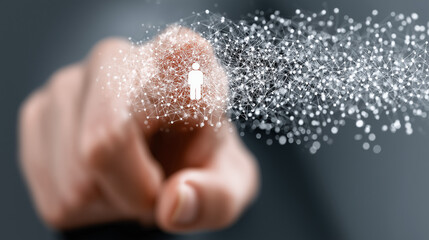 Hiring process visualization, stylized hand selecting a person icon in a web of connections