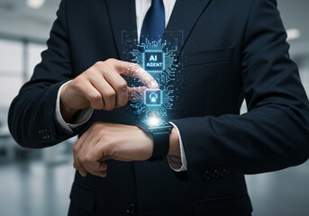 Multi agent AI systems, Businessman holding AI agents, AI driven solutions streamline workflows, Decision, Automate daily Tasks Smart AI solutions improve efficiency, Automate repetitive work.