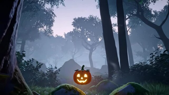 animation pumpkin - A glowing jack-o'-lantern hovers in a misty forest at dusk, casting an eerie yet festive atmosphere perfect for Halloween-themed content