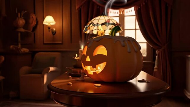 animation pumpkin - A creatively carved pumpkin with melting wax and glowing light sits on a wooden table in a cozy room with warm lighting and a vintage lamp