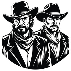 Two cowboys in hats and coats with scarves in black and white vector illustration design format image