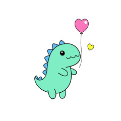 Naklejka premium Cute Kawaii Dinosaur with Smiling Face and Balloon