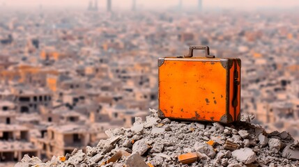 Suitcase rubble city exodus war refugee