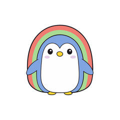 Kawaii Penguin with Joyful Face and Rainbow