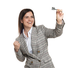 Targeting. Smiling businesswoman with dart aiming on white background