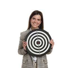 Targeting. Smiling businesswoman with dart board on white background
