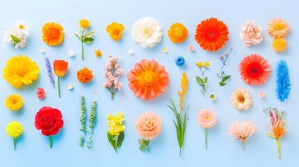 Obraz premium Colorful flower flatlay, pastel blue background, spring, floral arrangement, design