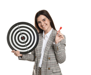 Targeting. Smiling businesswoman with dart board and arrow on white background
