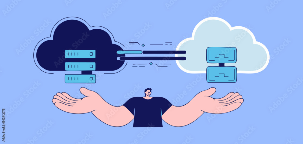 Poster it architect managing data transfer between private and public cloud servers, vector illustration fo