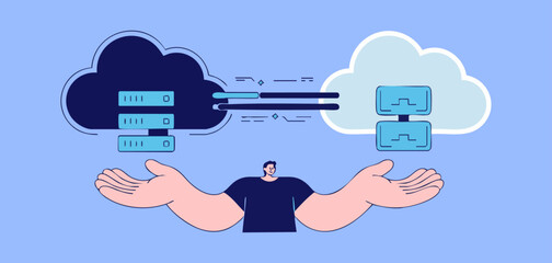 it architect managing data transfer between private and public cloud servers, vector illustration for hybrid cloud environment, data integration, and multi-cloud infrastructure strategy 