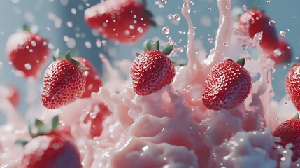 3d rendering Vibrant Strawberries Splashing in Creamy Milk: A Delicious Visual AI Generative