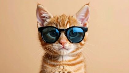 Cool Ginger Kitten Wearing Sunglasses on Beige Background