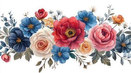 3d rendering Vibrant Watercolor Floral Arrangement: Red, Blue, and White Blooms AI Generative