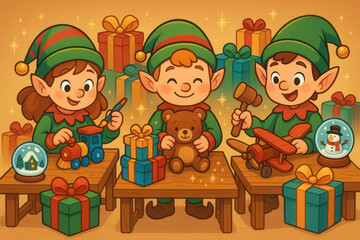 Fototapeta premium Three cheerful elves working on toys in a festive workshop. They are surrounded by colorful gifts and holiday decorations. The scene is bright and playful.