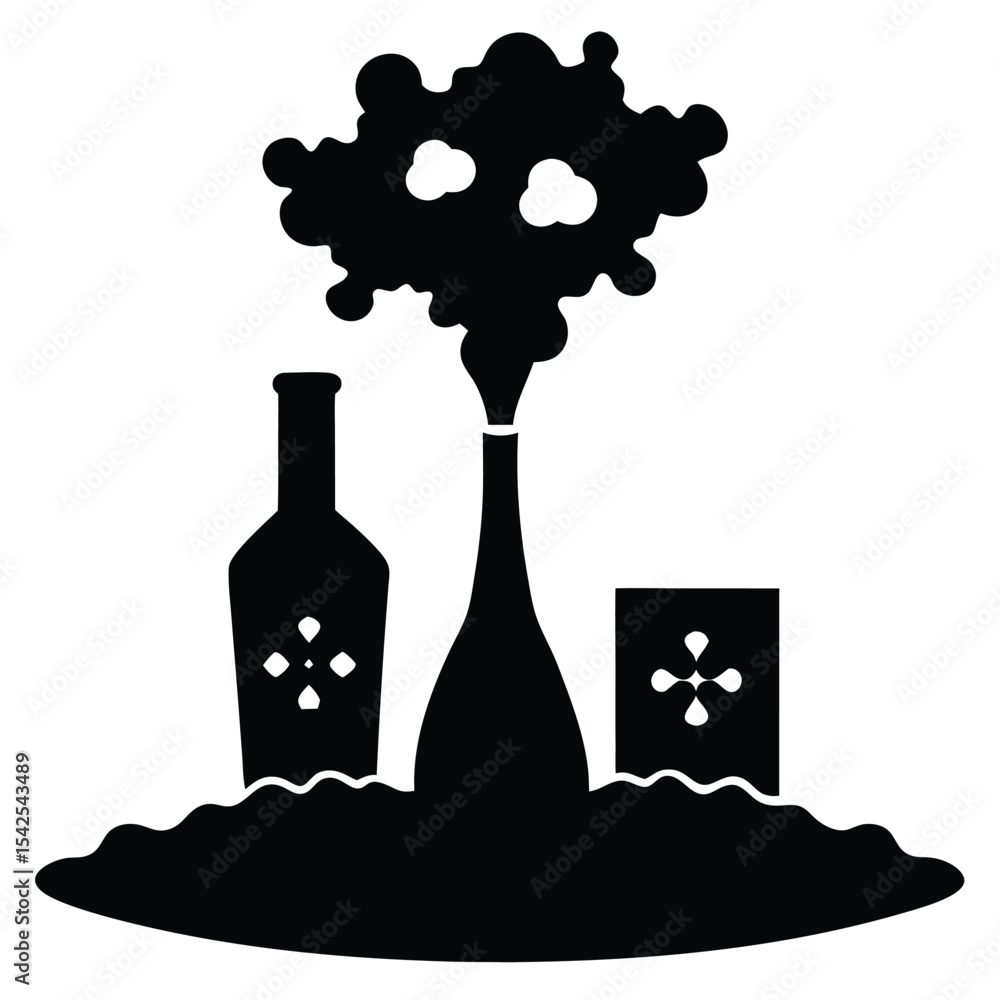 Poster silhouette of bottles and a box with a cloud like shape on a wavy surface in black and white style