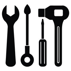Illustration of a wrench, awl, screwdriver, and mallet arranged vertically in black silhouette style
