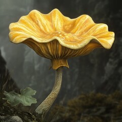 3d rendering Luminous Golden Mushroom:  Close-Up of a Fantasy Fungi in Dark Forest Setting AI Generative