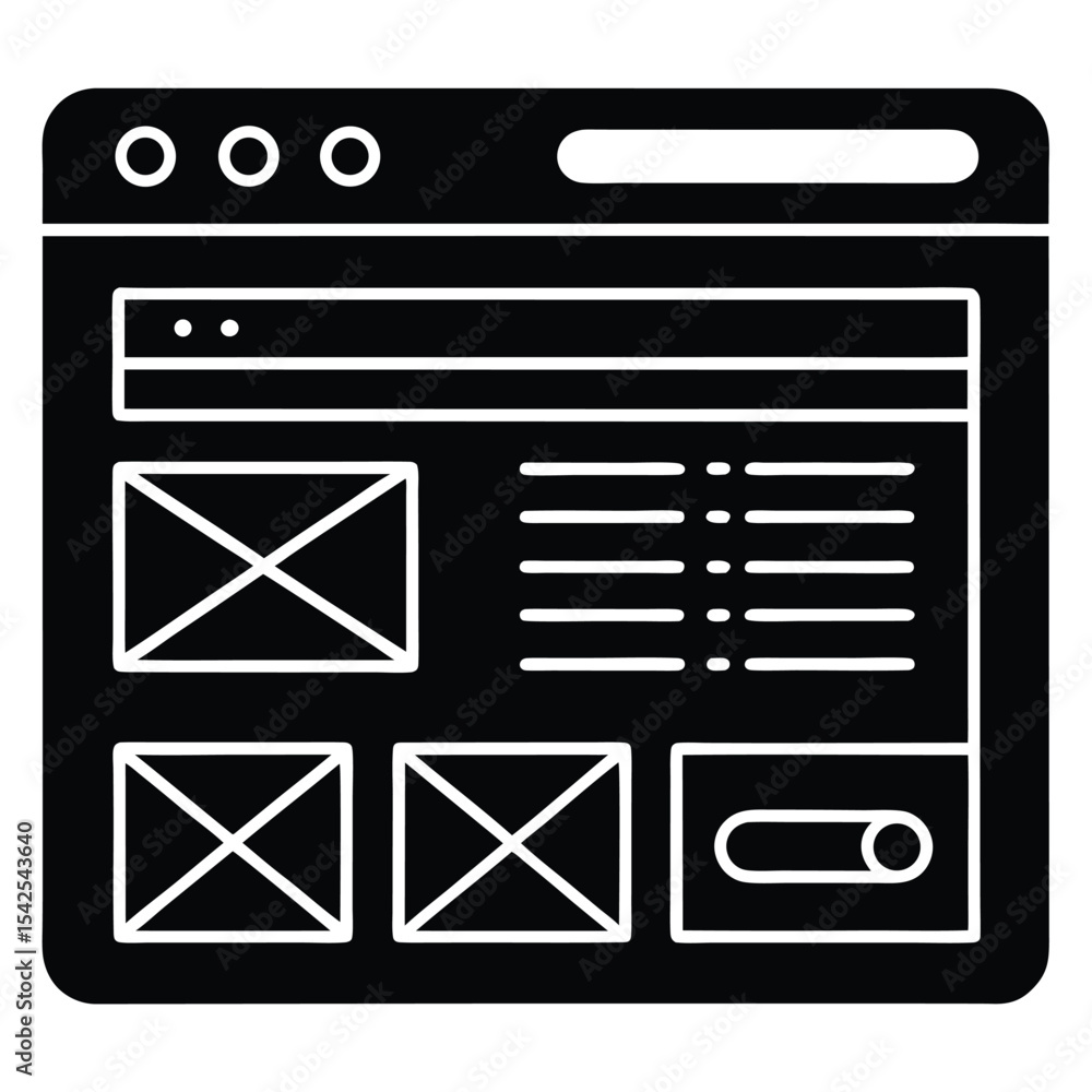 Fototapete Illustration of a website layout with placeholders for images and text in black and white style