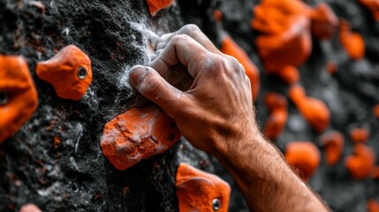 Close-up of a hand gripping a rock climbing hold, showcasing the focus and effort of the climber