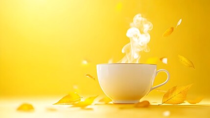 Steaming autumn teacup, yellow background, falling leaves, beverage ad