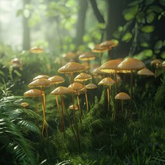 3d rendering Enchanted Forest: Sunlit Mushrooms in Lush Green Undergrowth AI Generative