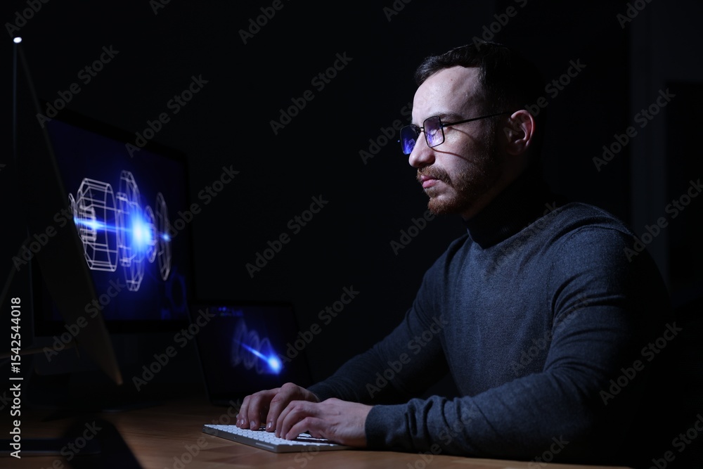 Poster engineer working with digital drawing at table in office