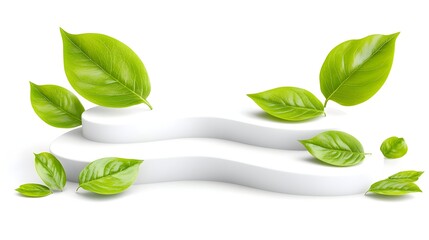 White podium, green leaves, studio, product display
