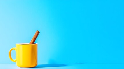 Yellow mug, cinnamon stick, blue background, beverage, advertisement