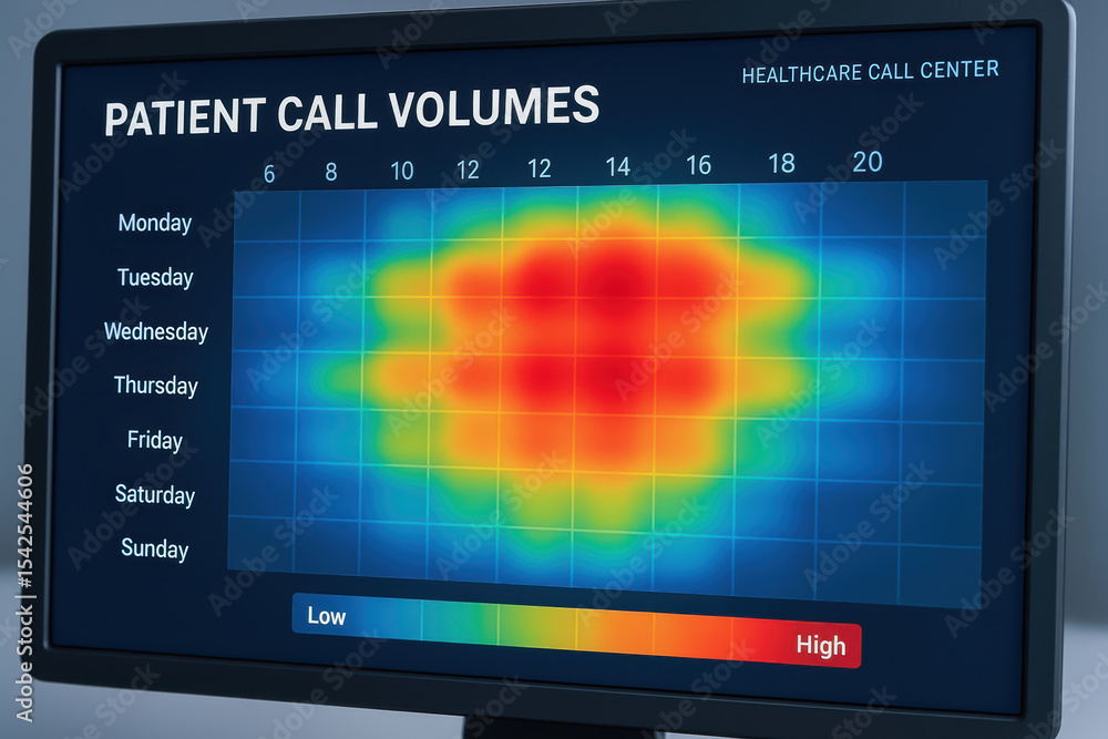 Poster patient call volumes heatmap on healthcare call center tech screen patient consultation data for wee