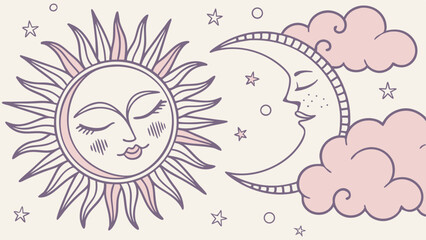 Sun moon stars celestial art print illustration astrology mystical bohemian style vector design drawing