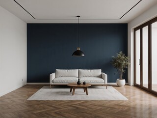 Minimal Living Room with Navy Blue Accent Wall and Light Gray Modern Sofa