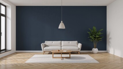 Minimal Living Room with Navy Blue Accent Wall and Light Gray Modern Sofa