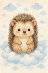 Fototapeta premium Cute baby hedgehog sitting on clouds in soft watercolor illustration with blue sky background 