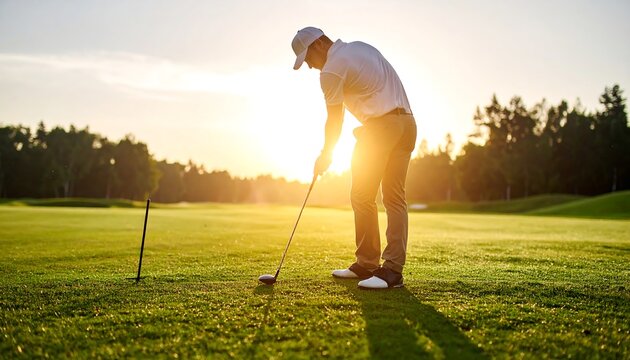 A focused male golfer prepares to swing at dawn, dew glistens on the vibrant, green golf course.