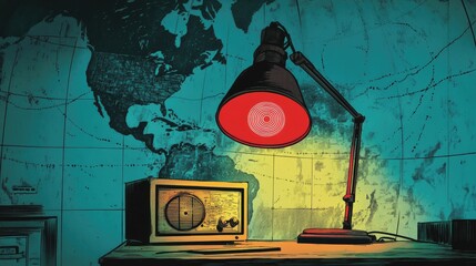 3d rendering Global Communication: Vintage Radio & Desk Lamp Illustration AI Generative