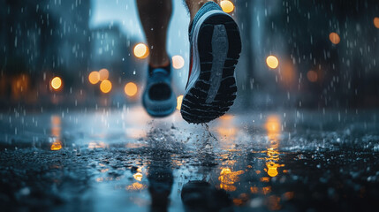 A gritty, close-up shot captures running shoes pounding wet pavement in the rain at night, with water splashing and city lights creating a beautiful bokeh effect