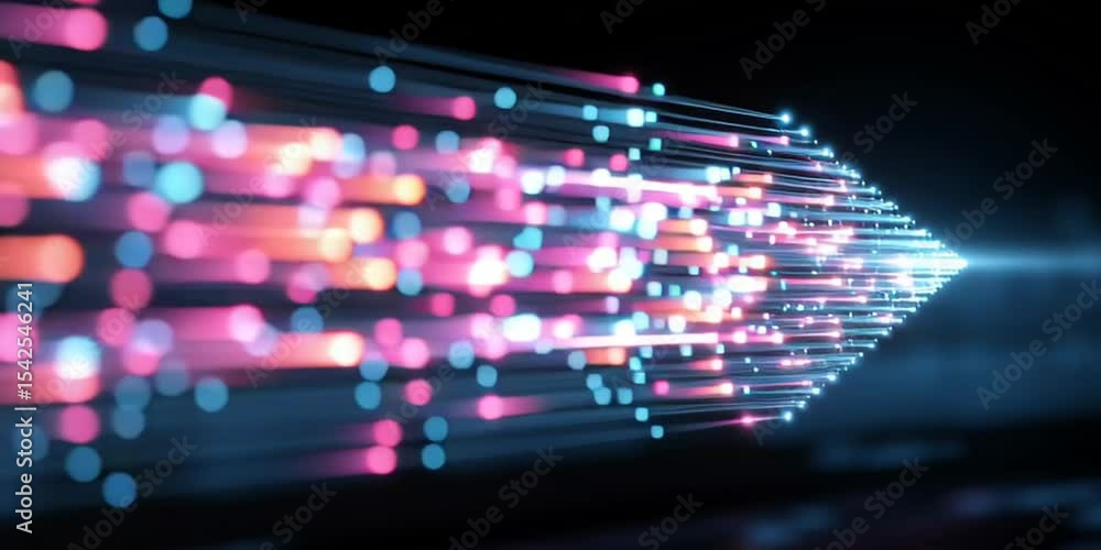 Poster a close-up of glowing light beams forming an arrow shape, representing fast data transfer in fiber o