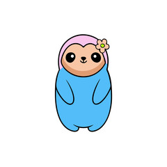 Obraz premium Cute Kawaii Sloth with Joyful Face and Flower