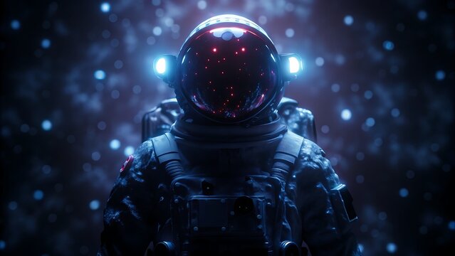 An astronaut stands against a backdrop of stars and nebulae, looking forward.