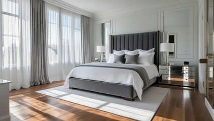 A modern bedroom with large windows and a gray upholstered headboard.