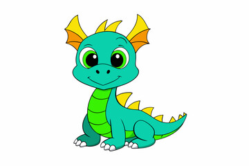 Fototapeta premium Adorable Cartoon Baby Dragon Sitting Green Yellow cartoon dragon