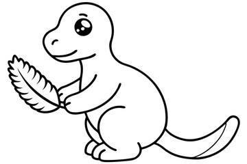 Obraz premium Black and White Line Art Cute Dinosaur Holding Leaf 1