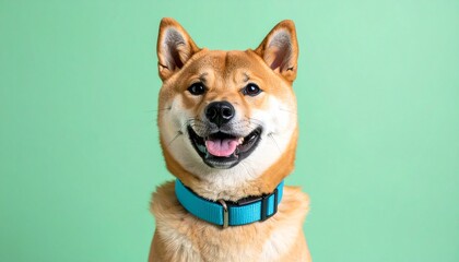 Happy Shiba Inu Dog Smiling with Blue Collar on Green Background