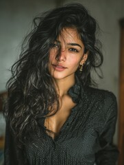 Fototapeta premium Moody Natural Portrait of Woman with Tousled Curls