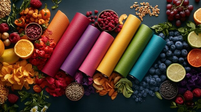Colorful vibrant array of dried fruits, vegetables, and seeds laid out in rainbow-colored rolls, showcasing healthy eating options