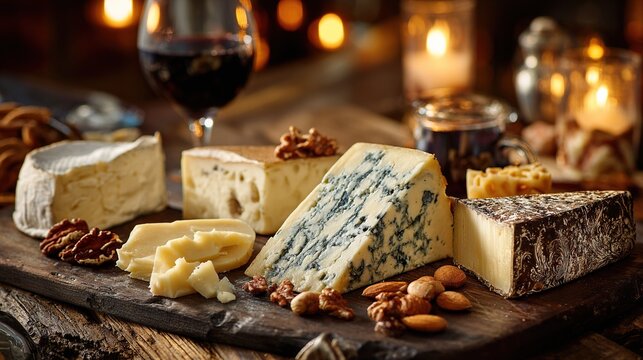 Assorted Artisan Cheese Board with Nuts, Red Wine, and Candlelight on Rustic Wooden Tabletop