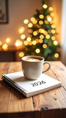 Cozy scene displays a cup of coffee on a notebook showing 2026 on a wooden table indoor.
