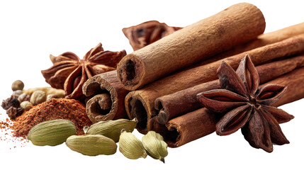 Close-up of mixed whole spices including cinnamon stick on transparent background